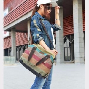 KVKY Brand Fashion Canvas Bag Brand Women Handbag Classic Patchwork Casual Female Shoulder Bags Striped Rainbow Purse Pouch